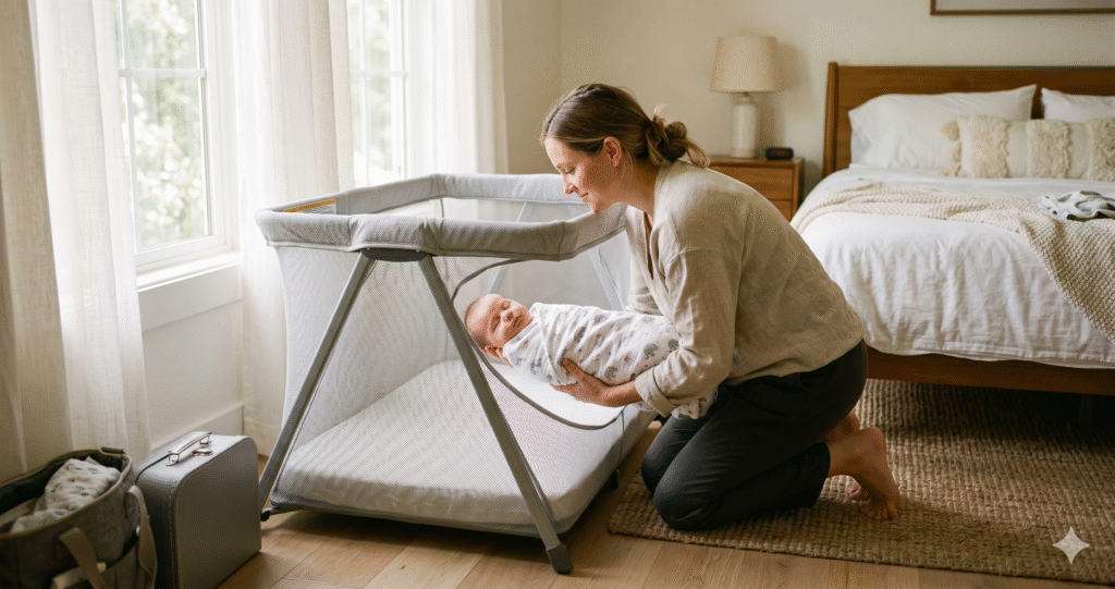 Mother placing sleeping baby into a lightweight mesh travel crib in a bright bedroom