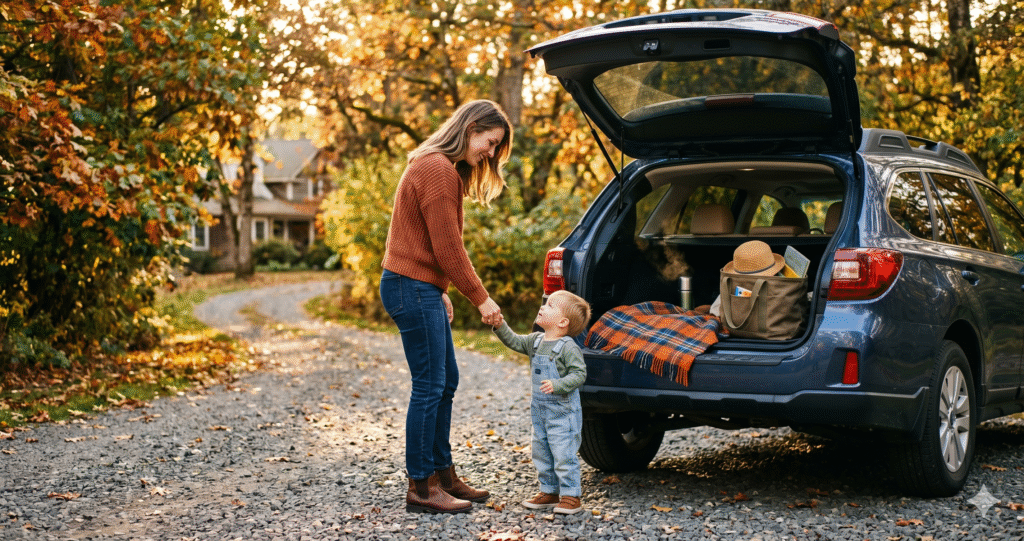 A mother in a terracotta sweater holds her toddler son's hands at the open trunk of a family SUV during golden-hour autumn light, preparing for a family road trip — illustrating the best travel potties for toddlers guide.