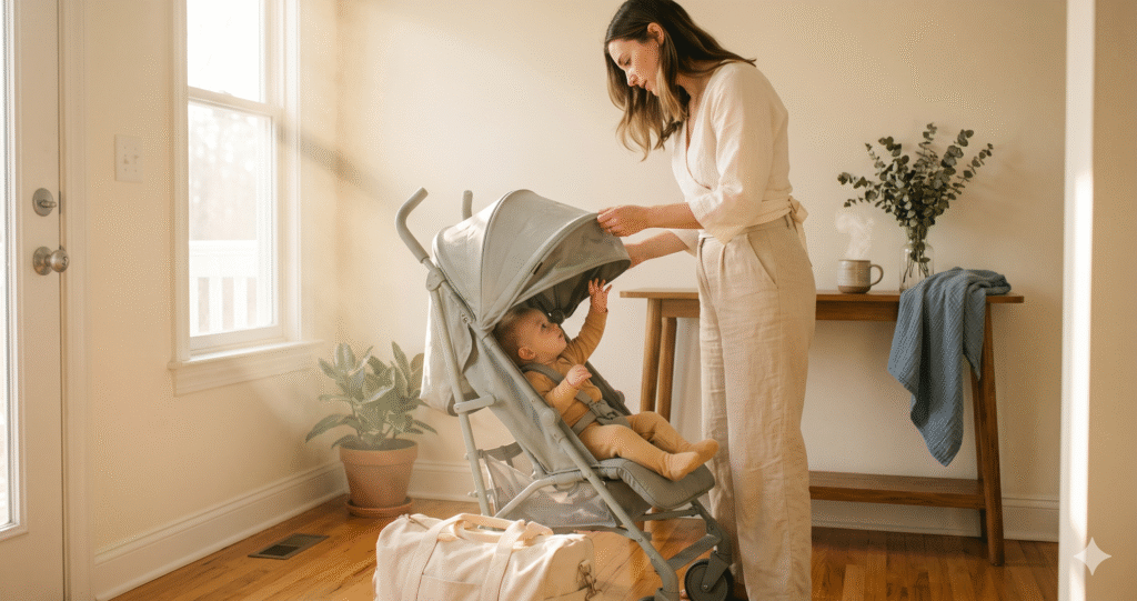 Mom adjusting a lightweight travel stroller in a sunlit entryway with a weekend bag and morning coffee