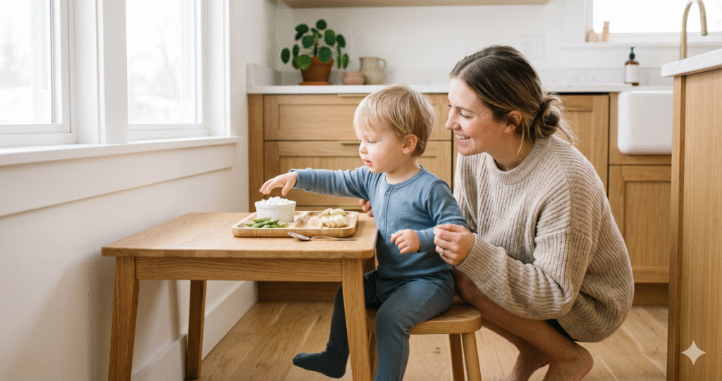 Mother and toddler at a small table with a tray of high-protein snacks including cottage cheese, edamame, and banana slices