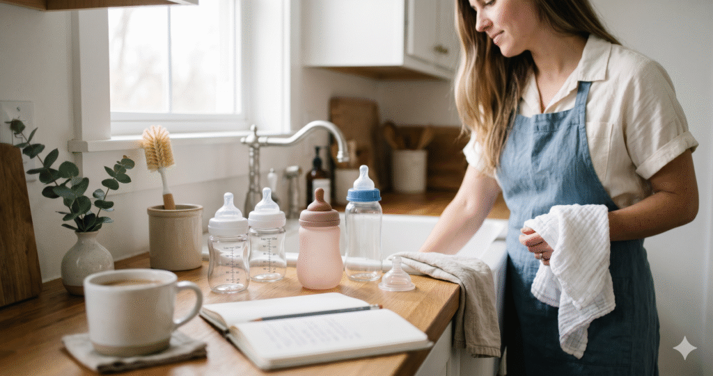 A mother in a dusty blue linen apron stands at her kitchen sink with freshly washed baby bottles drying on the counter, illustrating how many baby bottles a new mom actually needs.