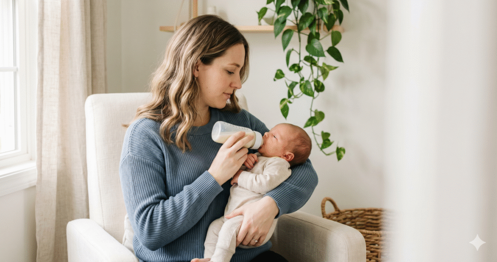 Mother in dusty blue sweater doing paced bottle feeding, holding her newborn upright and the bottle horizontal in a bright natural-light nursery