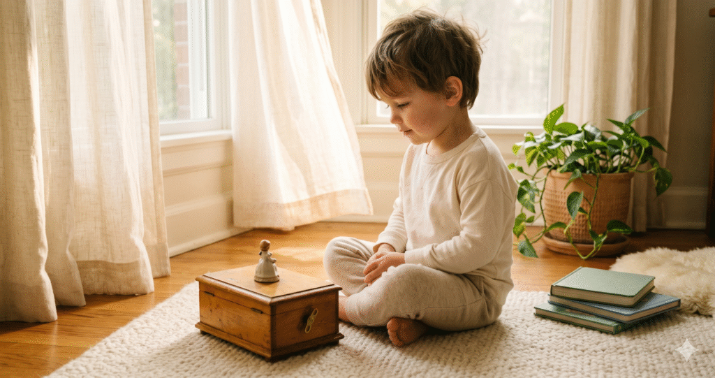 Toddler quietly listening to a vintage music box in a cozy reading nook, embodying the analog childhood aesthetic