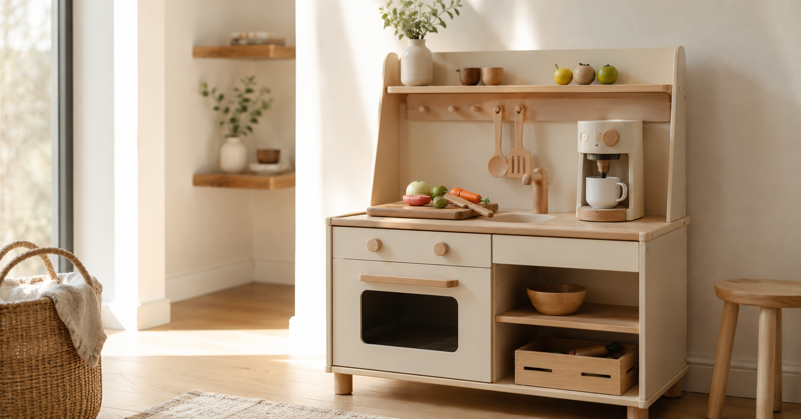 Wooden play kitchen for toddlers in a sunlit modern home with pretend coffee maker and play food accessories on the counter