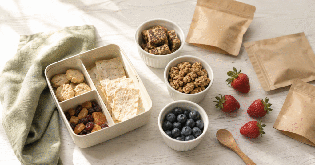 Allergy-friendly toddler snacks arranged in a bento lunchbox with fresh berries, oat clusters, and dairy-free cookies on a white wooden table