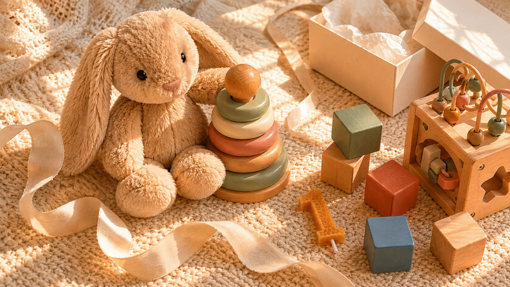 First birthday gift ideas flat lay with plush bunny, wooden ring stacker, muted wooden blocks, activity cube and beeswax 1 candle on a cream rug