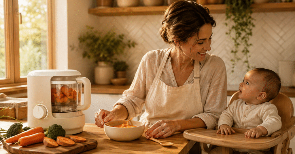 Best baby food makers 2026 - mother preparing fresh homemade puree with steam blend combo machine while baby watches in a warm kitchen scene
