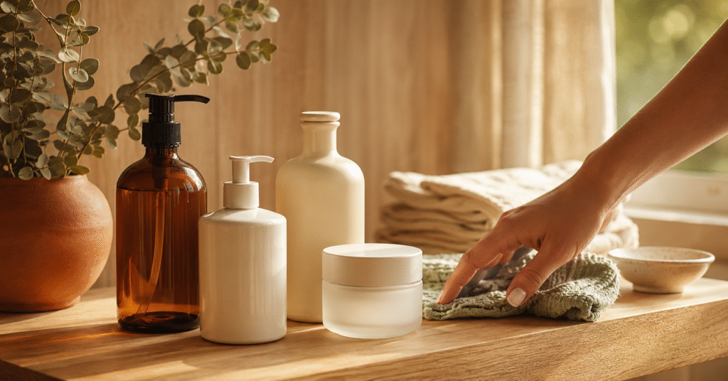 Unbranded baby shampoo and body wash bottles on a wooden bathroom vanity in warm golden-hour light — EWG Verified picks for 2026