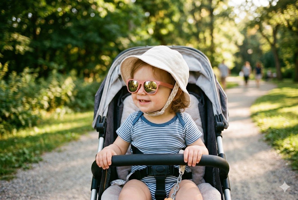 Smiling toddler wearing flexible baby sunglasses with strap during a sunny outdoor walk, featured image for best baby sunglasses 2026 guide