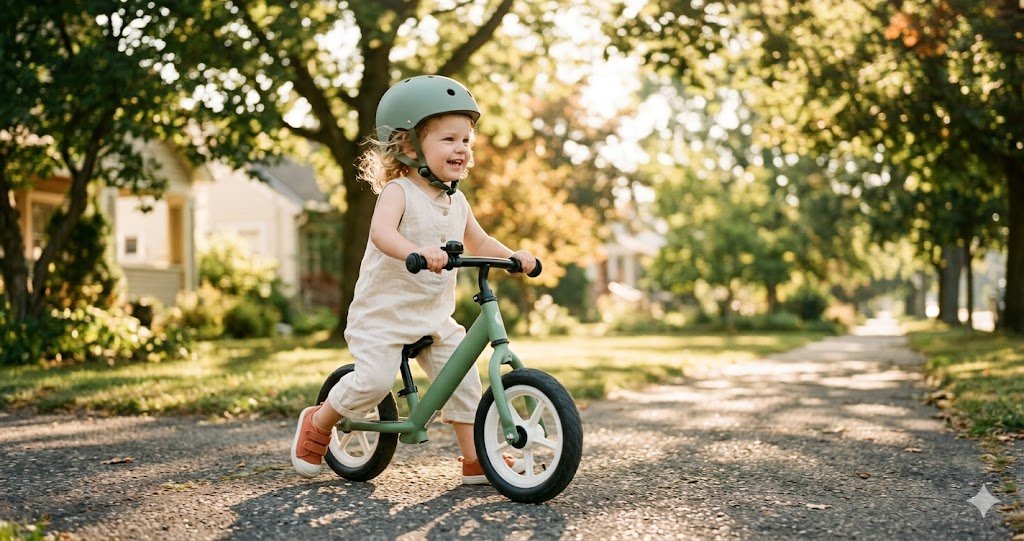 Toddler riding a balance bike on a sunlit sidewalk in soft morning light