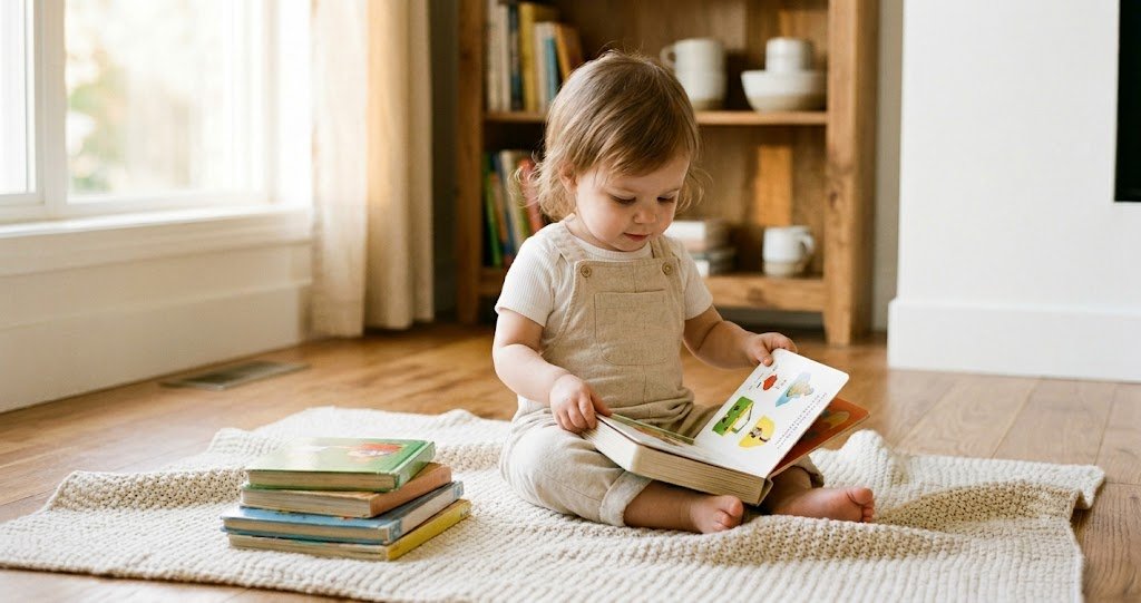 One year old toddler absorbed in a colorful board book on a soft blanket — best books for 1 year olds 2026