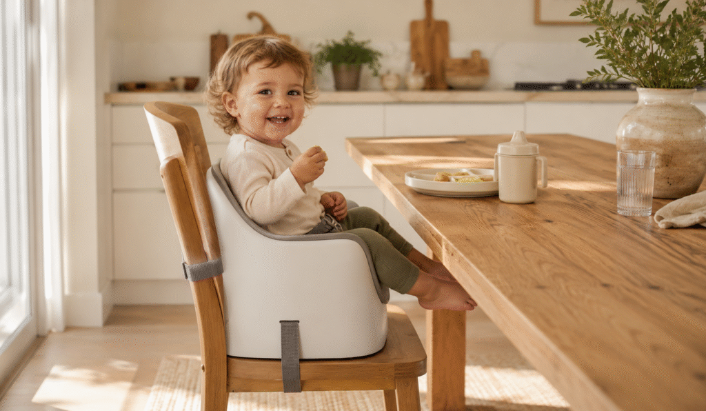 Toddler at family dining table in warm natural light, illustrating the best booster seats for dining