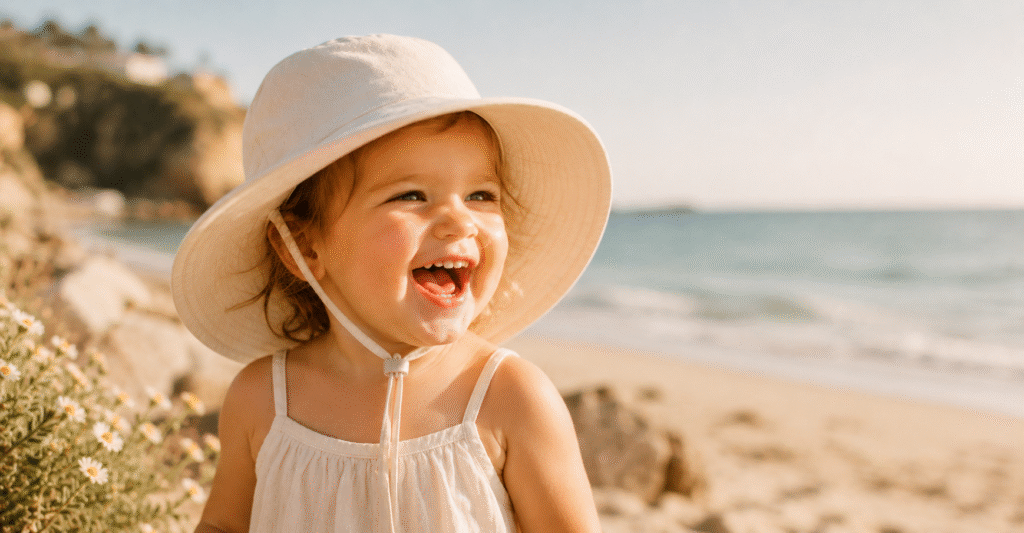 Mom and toddler wearing UPF 50+ wide brim sun hats with chin straps at the beach