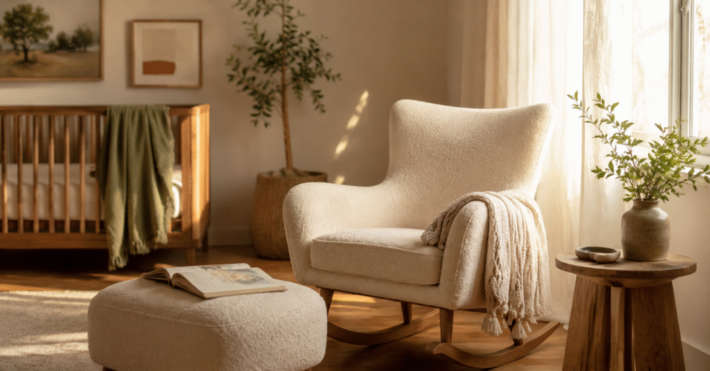 Cozy modern nursery corner with cream boucle rocking chair in golden-hour light