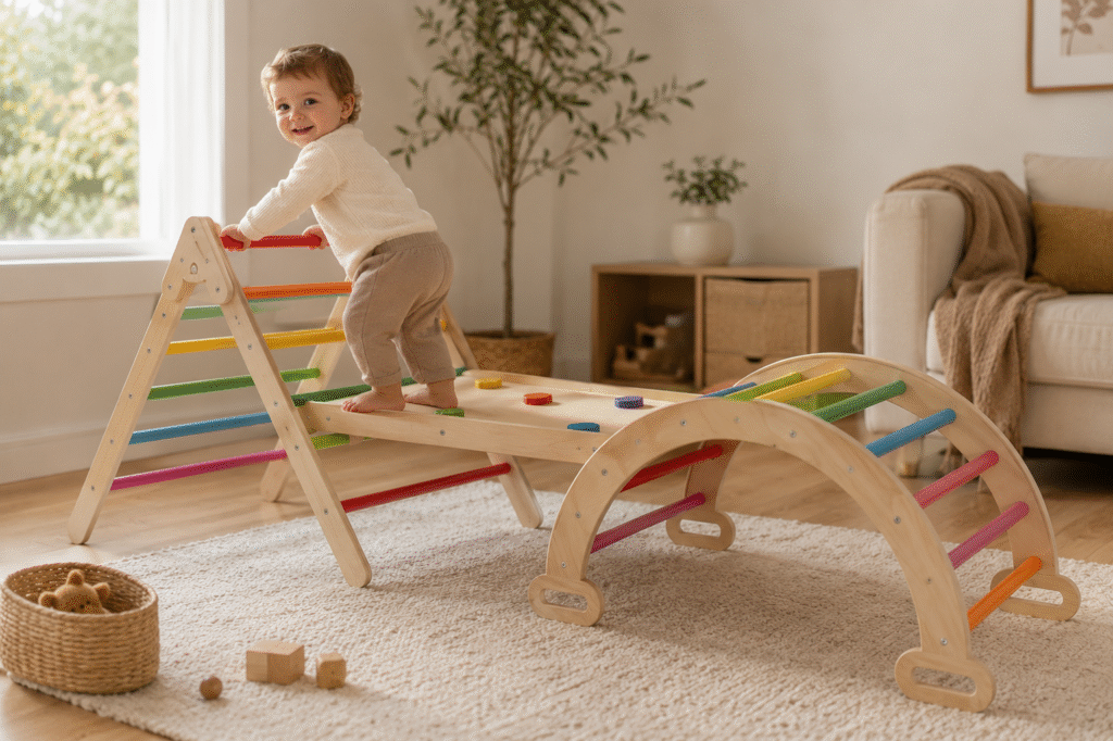 Toddler climbing on a foldable wooden Pikler triangle in a softly lit white living room — best Pikler triangles 2026
