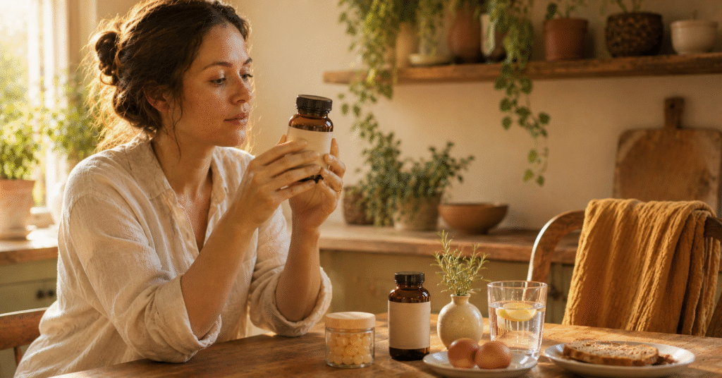 New mom in soft morning light researching postpartum vitamins in her kitchen — best postpartum vitamins 2026