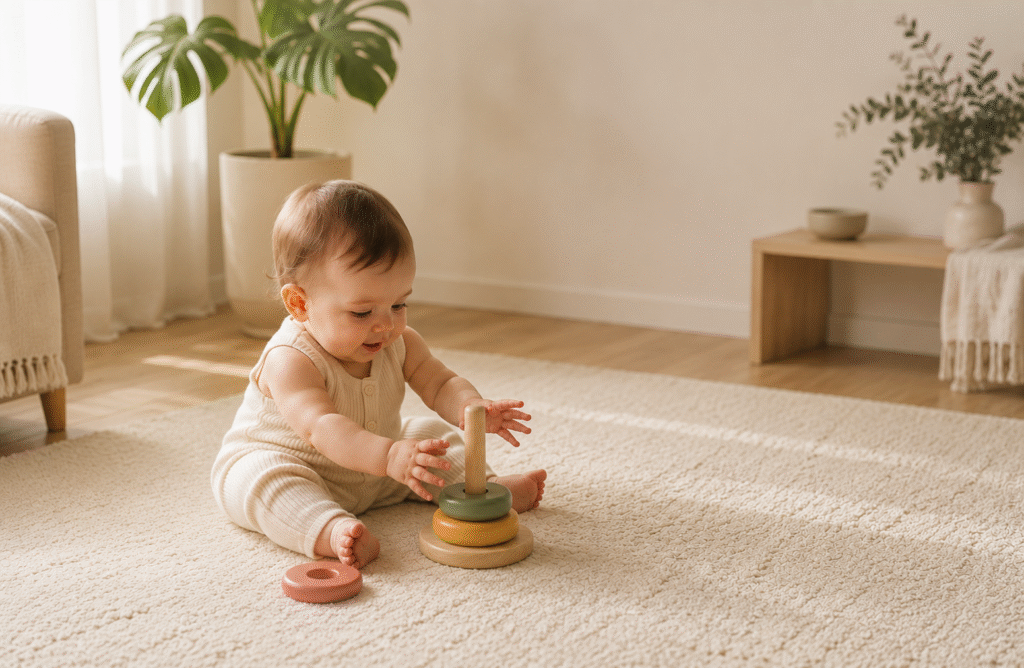 A happy 10-month-old baby reaching for a colorful ring stacker toy on a soft playmat in a bright, minimalist living room — Kinfolk-style lifestyle photo.