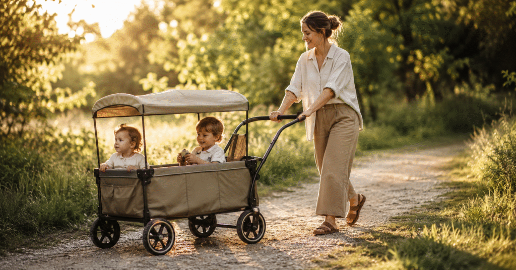Mother pushing two young children in a foldable stroller wagon on a sunlit park path - best stroller wagons 2026 review