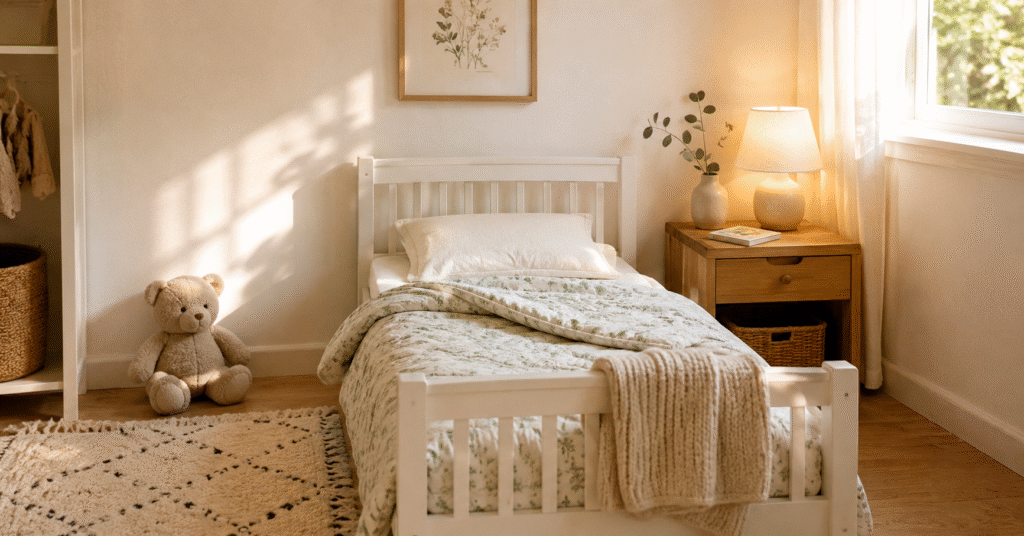 Best toddler bedding sets 2026 — cozy white toddler bed with neutral cream and sage bedding in a sunlit minimalist nursery