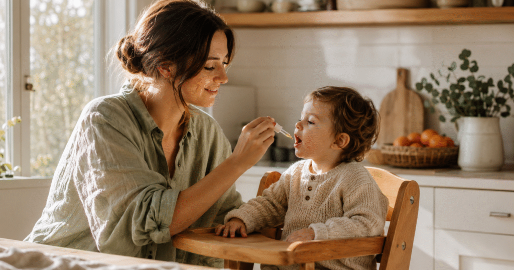 A mom sitting at a sunlit morning kitchen counter, gently giving her toddler a small dose of liquid multivitamin drops from a dropper while he sits in a wooden high chair