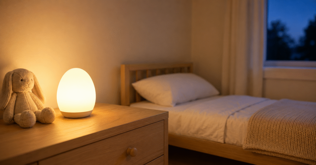 A small toddler night light glowing softly with warm amber light on a nursery dresser at evening, with folded linen and a ceramic cup nearby