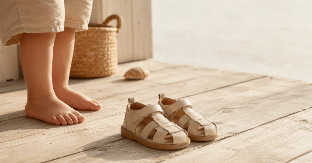 Best toddler sandals 2026: a pair of wide-toe adjustable sandals on a sunlit wooden porch with a toddler's bare feet nearby