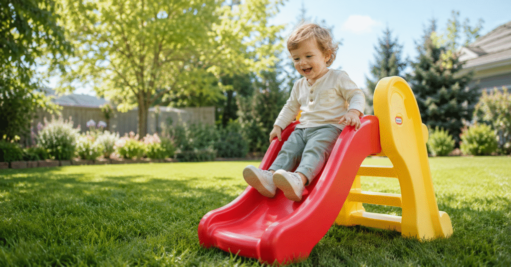 Toddler playing on a small classic plastic slide in a sunlit backyard with green grass — best toddler slides for backyard 2026