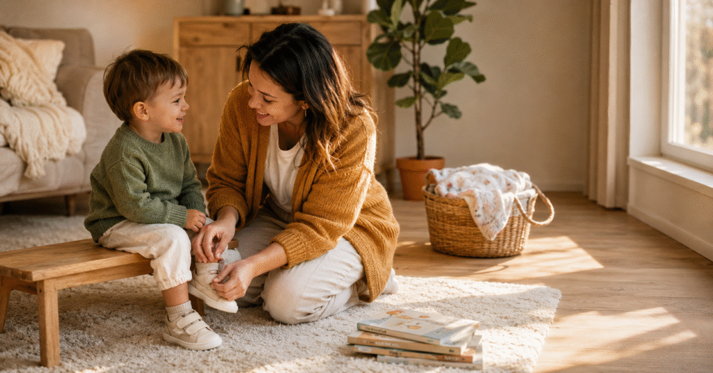 Mother kneeling on a cream rug helping her 18-month-old toddler son fasten the Velcro strap on a flexible wide-toe sneaker in a warm sunlit Scandinavian living room
