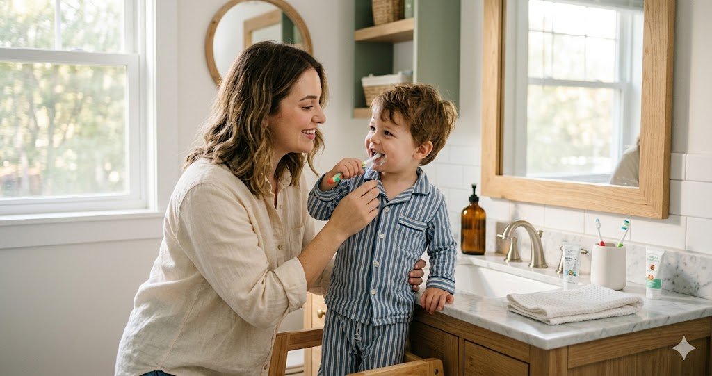 Mom helping toddler son brush teeth in modern farmhouse bathroom with morning golden-hour light