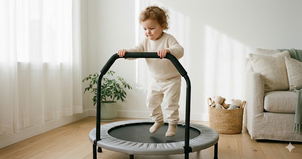 A toddler bouncing on a small 36-inch indoor mini trampoline with a foam-covered safety handle in a sunlit white living room — Little Loving Life's honest 2026 toddler trampoline guide