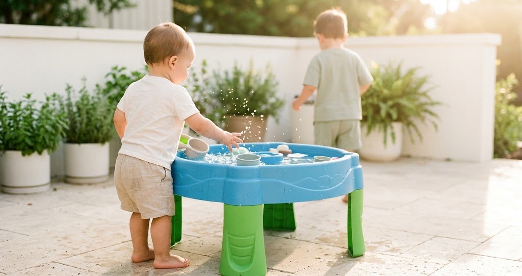 Toddler playing at a backyard water table with a sand toy set nearby, lit by warm summer light