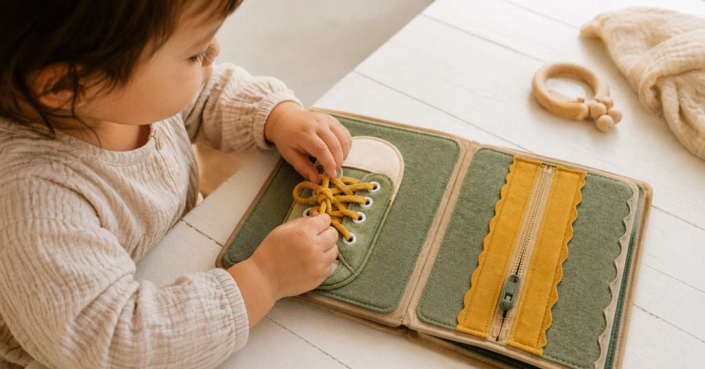 Toddler hands playing with a felt busy book showing fine motor activities on a sunlit table, best busy boards for toddlers