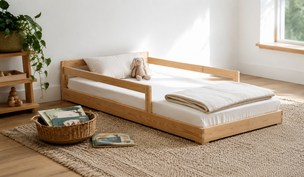 Best Montessori floor beds 2026 — low wooden toddler bed with white linens in a serene Montessori-inspired bedroom