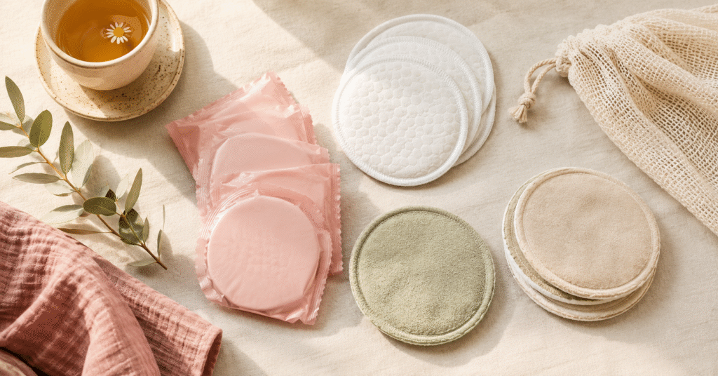 Best nursing pads 2026: disposable and reusable breast pads laid out on a soft neutral background