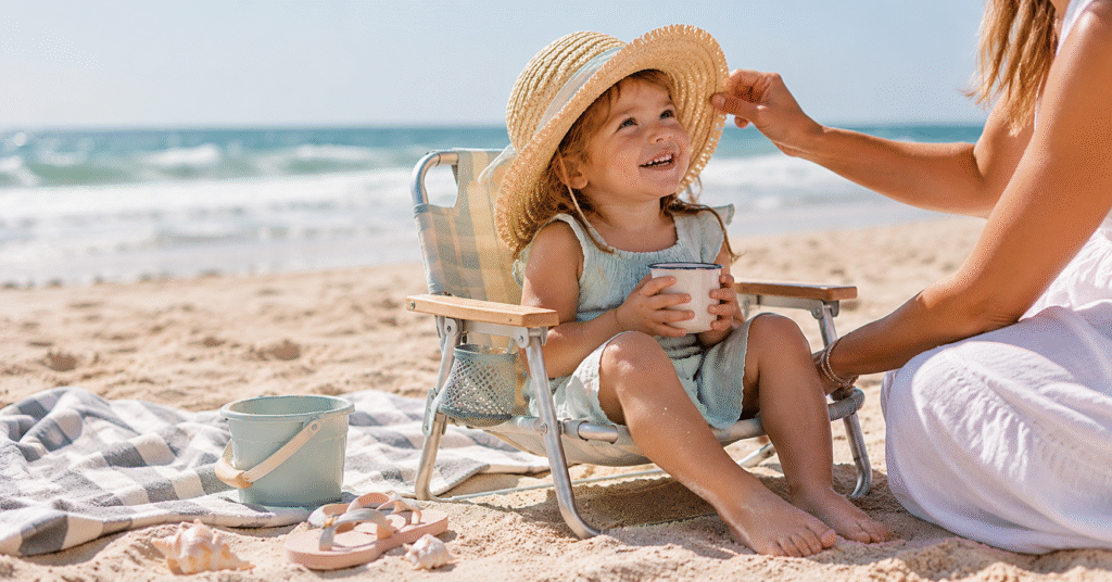 A toddler sitting in a small folding kids' beach chair on a bright sandy beach with mom nearby on a striped towel — gear for ages 2 to 6.