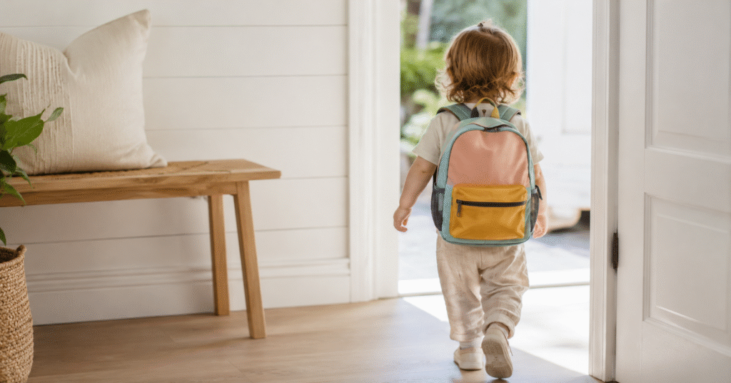 Toddler wearing a name-labeled daycare backpack walking toward a bright entryway