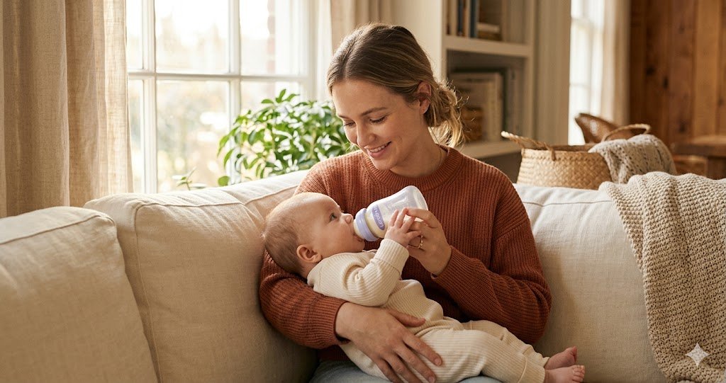 Mother bottle-feeding her baby in warm natural light, guide to compatible baby bottle nipples and parts