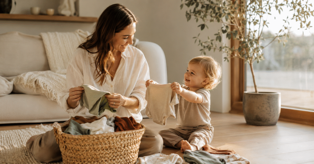 Mother and toddler sorting gently used secondhand baby clothes together in warm natural light at home