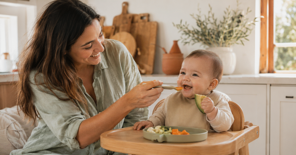Mother offering a pre-loaded spoon while her baby self-feeds soft foods in a high chair — baby-led weaning vs purees