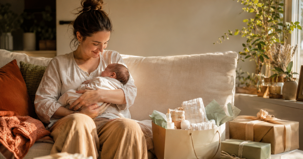 New mom holding her newborn beside wrapped baby shower gifts in a sunlit living room