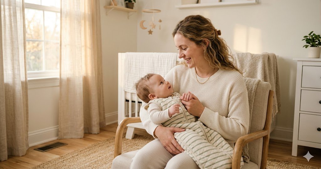 Mother holding her baby in a wearable sleep sack, illustrating how to dress a baby for sleep by room temperature and TOG rating