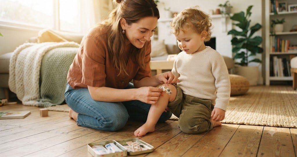 Mother placing a bandage on her toddler's knee at home while building a baby and toddler first-aid kit