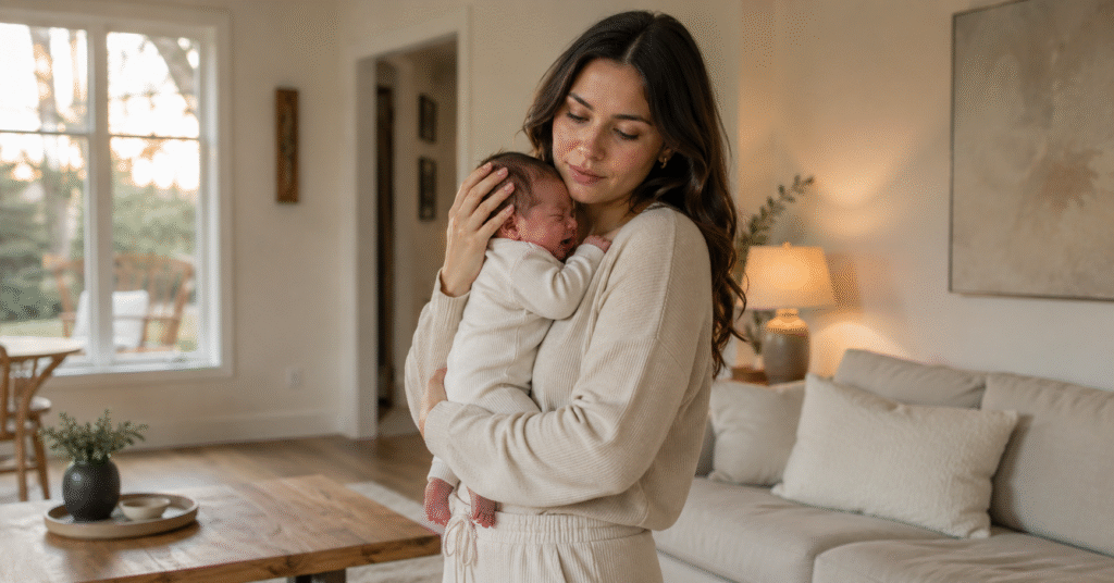 Mother gently soothing a fussy newborn during the evening witching hour in a warm, brightly lit living room