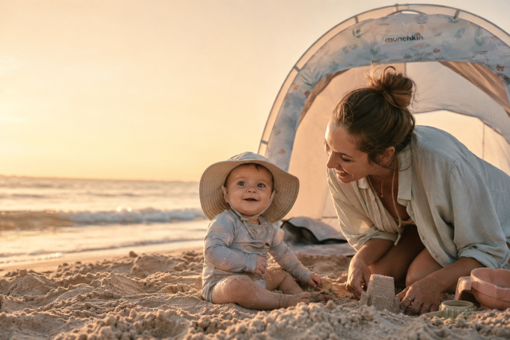 Mother and baby in sun hats beside a pop-up beach tent at golden hour — beach day packing essentials