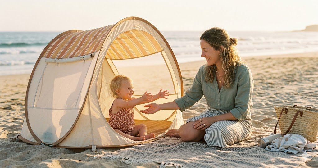 Mother and toddler relaxing beside a UPF 50+ pop-up baby beach tent at golden hour