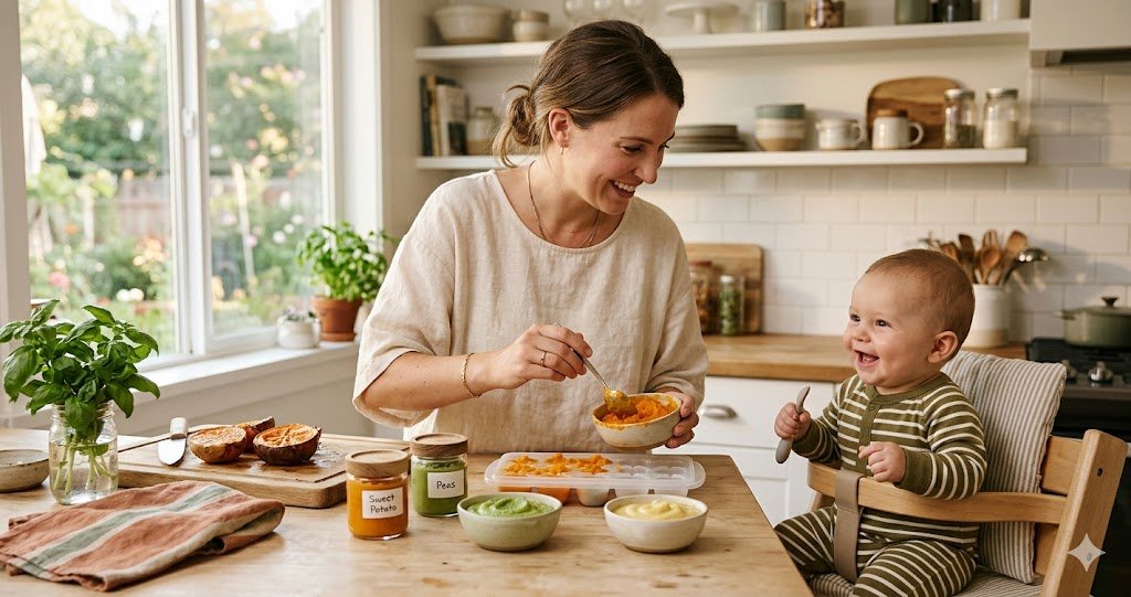 Mother spooning colorful homemade baby purees into silicone freezer trays and glass storage jars while her baby watches from a high chair in a bright kitchen
