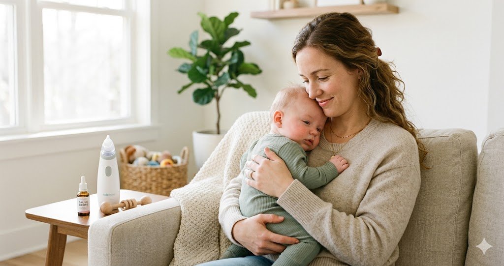Mom gently holding her congested baby on a sunlit couch with a baby nasal aspirator and saline drops on the side table