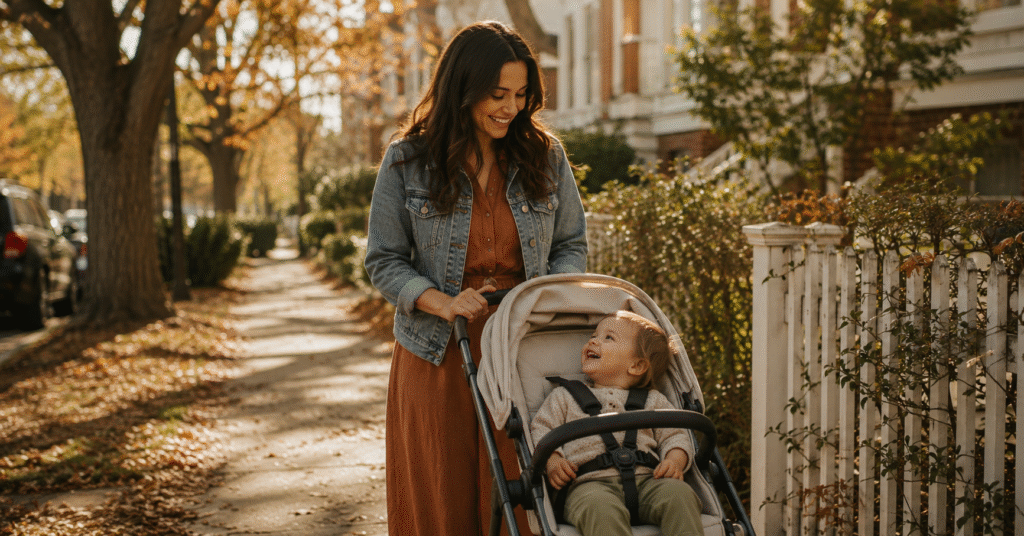 Mother pushing a budget stroller with a toddler on a sunny neighborhood walk