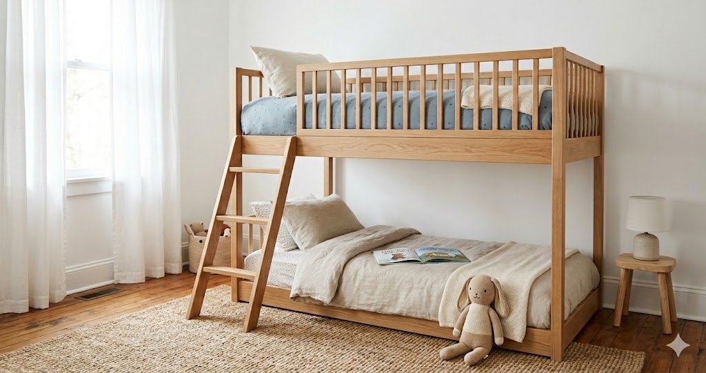 Low wooden twin-over-twin bunk bed with safety guardrails in a bright kids' bedroom — one of the best bunk beds for kids 3-6