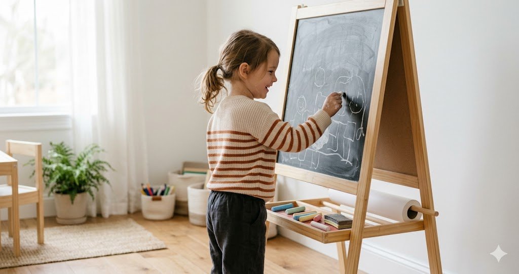 child drawing with chalk at a double-sided wooden art easel in a bright white room